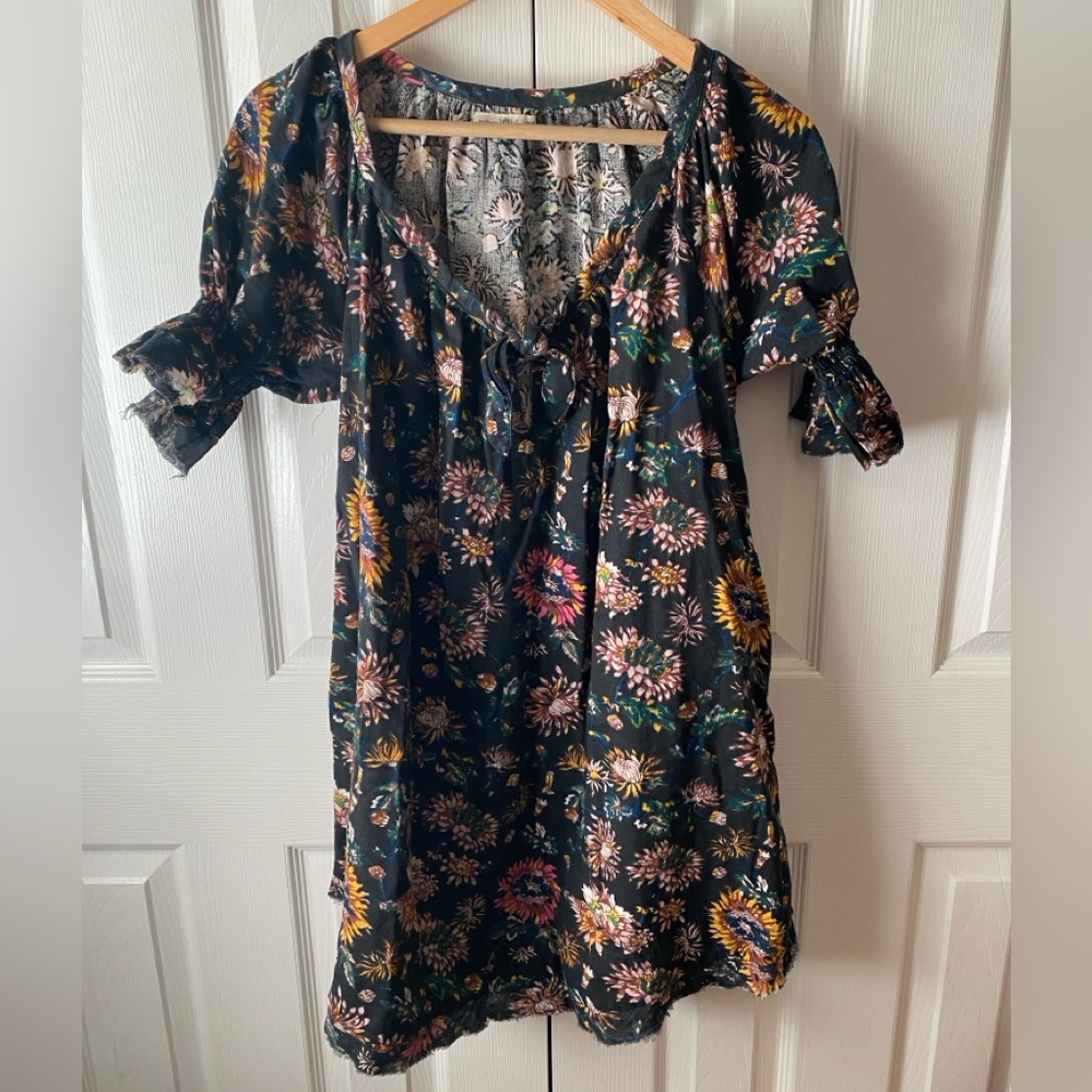 natural life Sienna Black Floral‎ Cotton Gauze Raw Hem Oversized Mini Dress XS/S